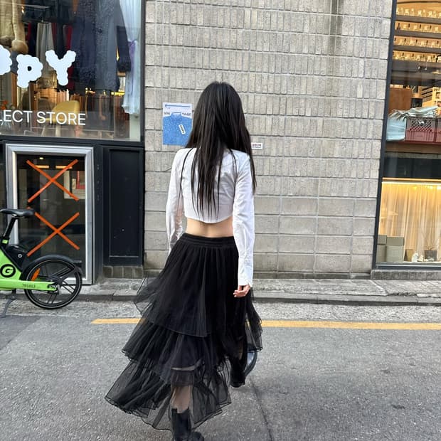 시스루 베이스 티어드 밴딩 롱 스커트