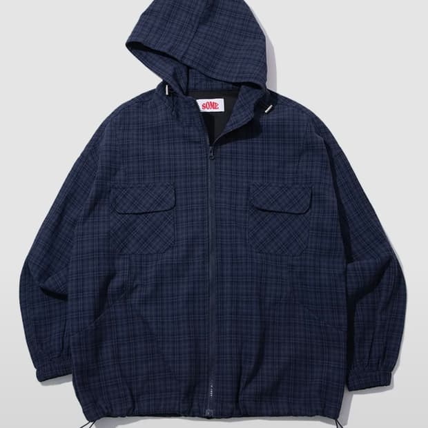 썸플레이스 잔체크 투 포켓 스트링 오버핏 캐주얼 후드 집업 [블루]