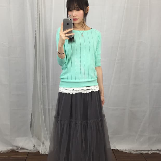 Jpn Pink Love Mint Ribbed Knit Top