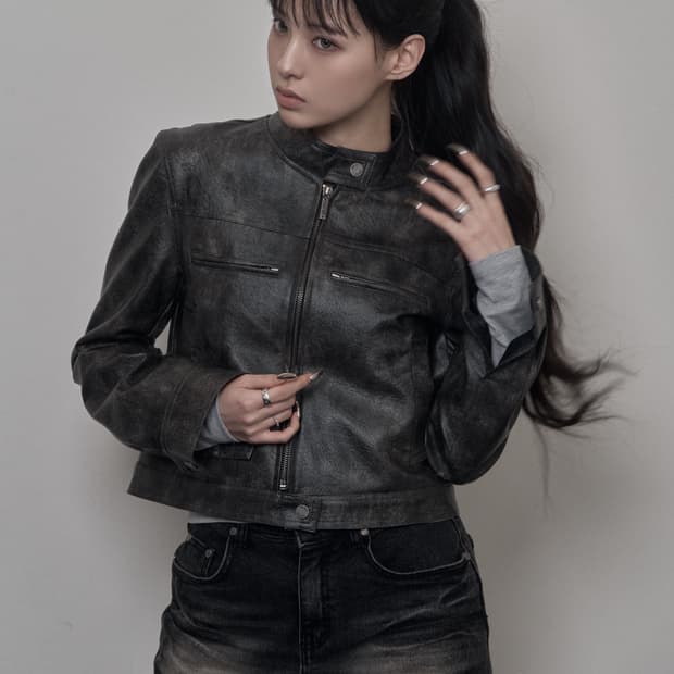 카키포인트 레이싱 레더 자켓 다크 그레이