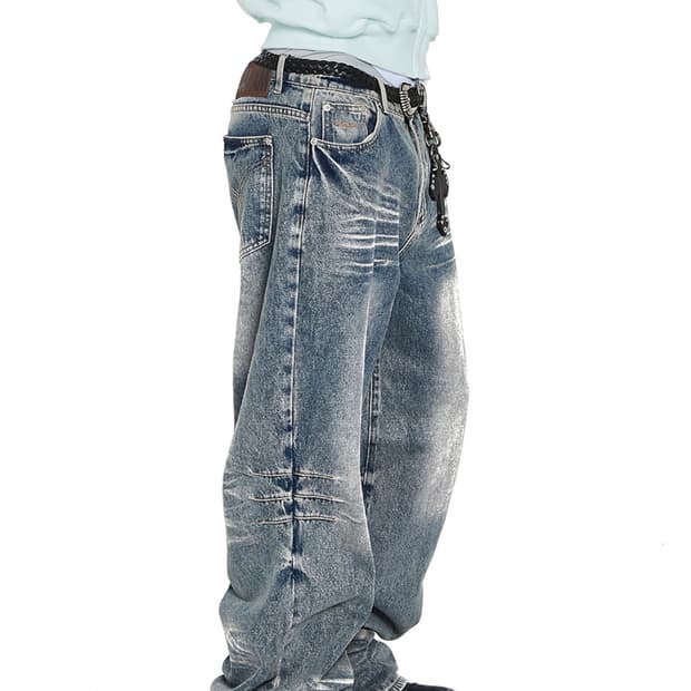 아캄 Washed Zipper Slit Denim Pants
