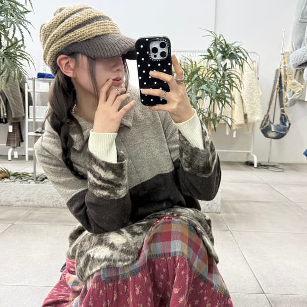 JPN chamois v 모헤어 브라운 배색 후드 하프코트 숏코트