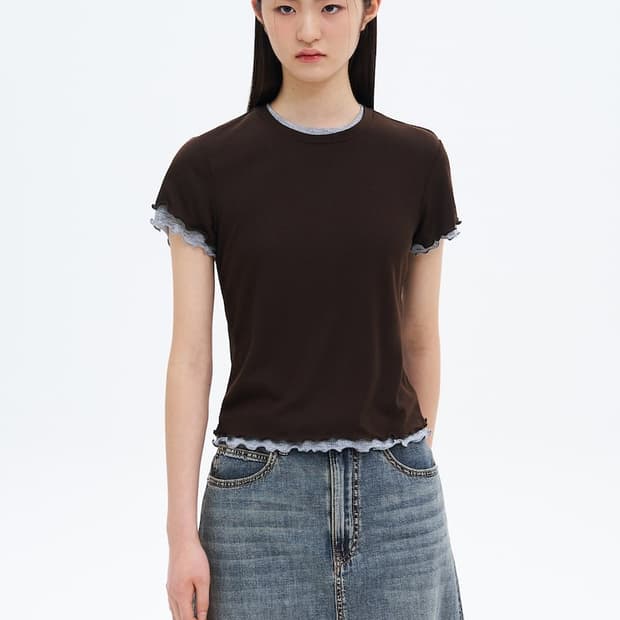 립조직 레이어드 티셔츠 - 브라운