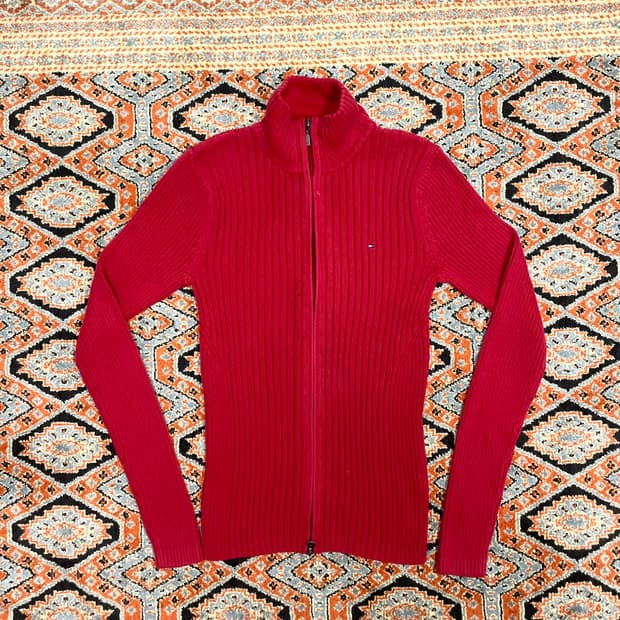 타미힐피거 레드 골지 투웨이 풀집업 가디건 여성S