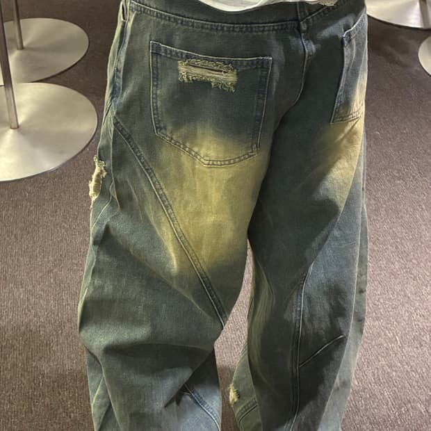 XS)Japanese vintage 여성 데미지 와이드 데님팬츠