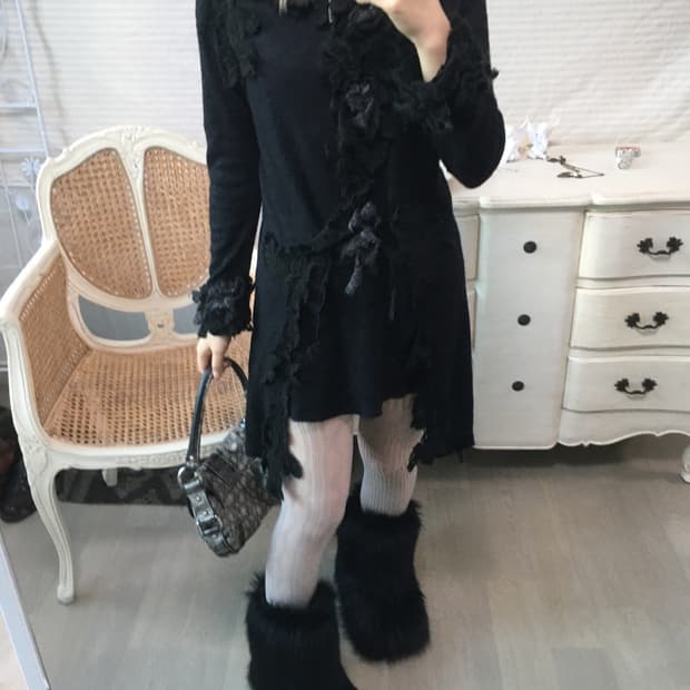 일본빈티지 블랙 플라워 롱 원피스 가디건