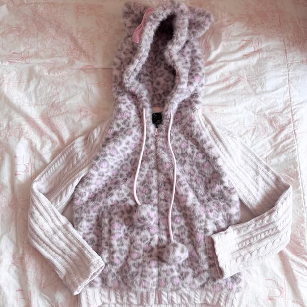 시부야 키티 핑크 레오파드 퍼 니트 후드 집업 갸루 네코미미 고양이