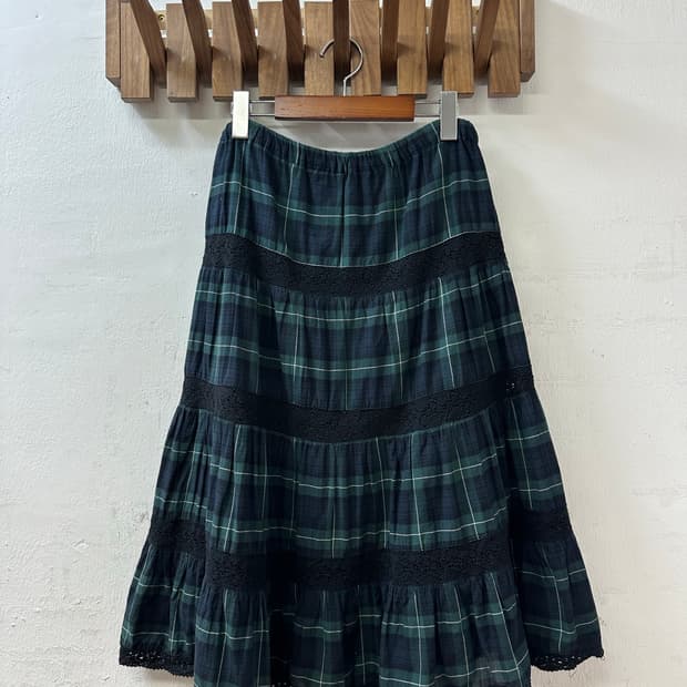 일본빈티지 그린 타탄 체크 레이스 티어드 캉캉 레이어드 코튼 스커트