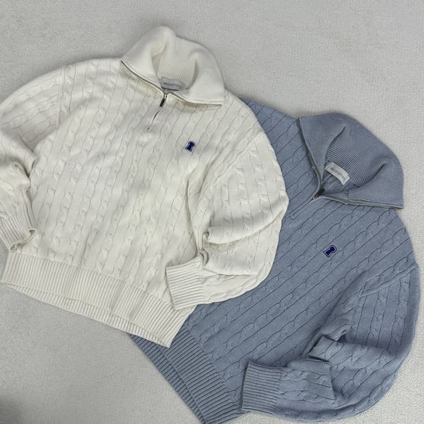 세컨드모노 케이블 하프집업 니트 화이트/블루 100 2벌