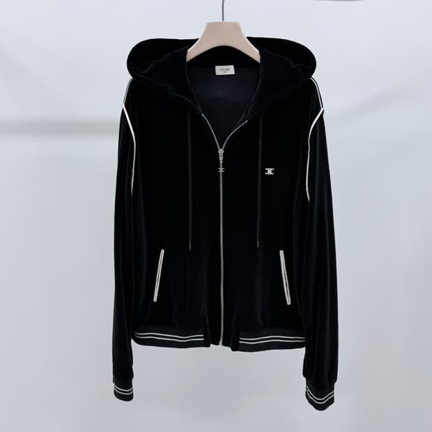 [S+급/XL] 셀린느 트리오페 벨벳 트레이닝 후드 집업 자켓 블랙