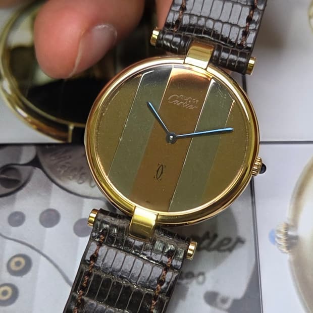 레어] 빈티지 까르띠에 머스트드 방돔 희귀 트리니티 미러판 쿼츠 남성용 