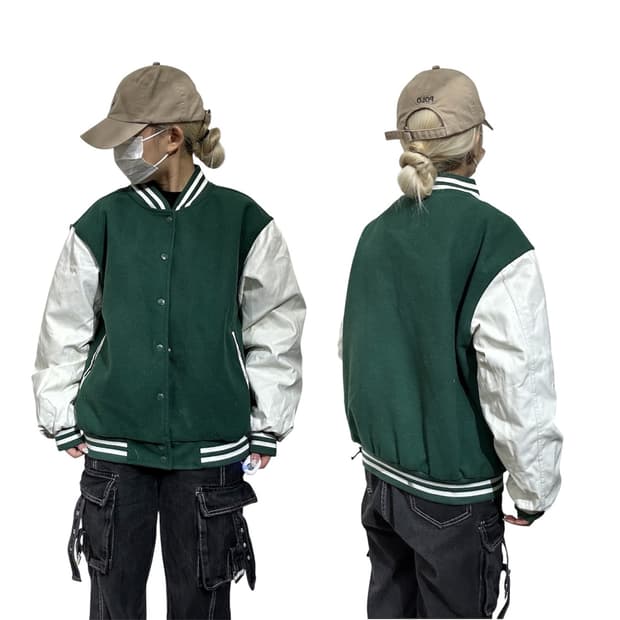빈티지 그린 화이트 오버핏 바시티 자켓 M