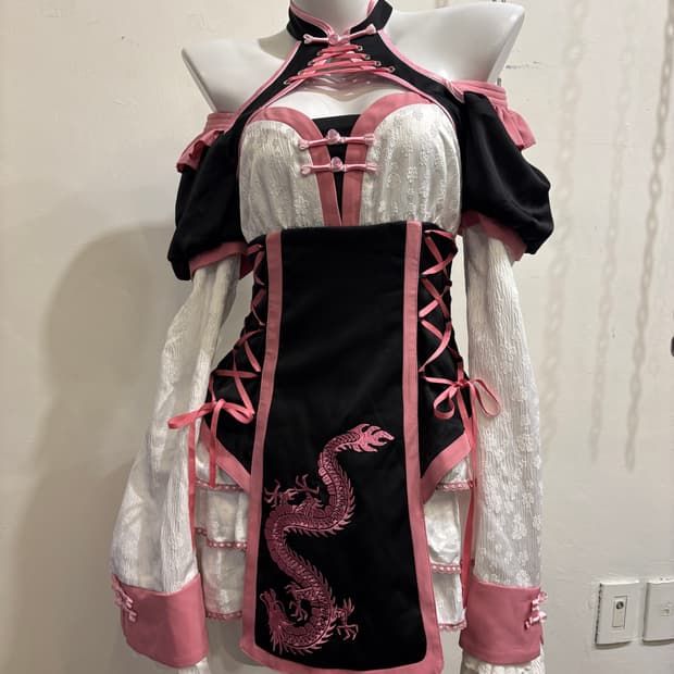 홀터 아일렛 용 플라워 자수 블랙 핑크 원피스 오리엔탈