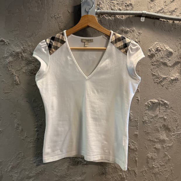 M 버버리 BURBERRY 런던 노바체크 숄더 V넥 반팔 티셔츠 화이트