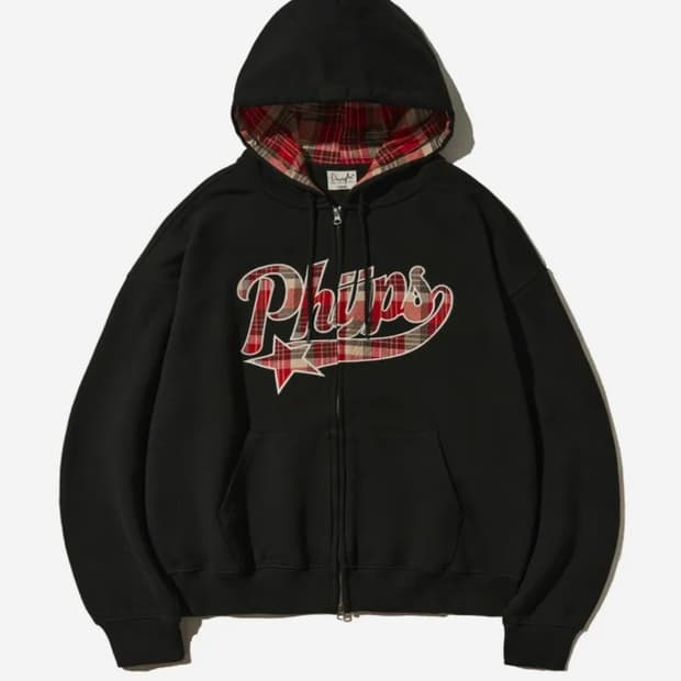 피지컬 디파트먼트 체크 스타테일 엘보우 패치 후드집업 블랙