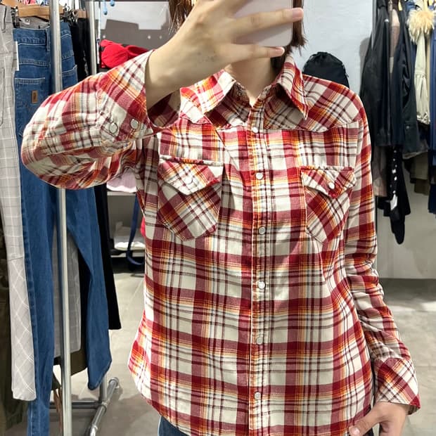 일본 빈티지 웨스턴 코튼 체크 셔츠