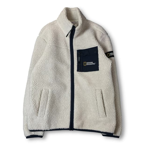 내셔널지오그래픽 화이트 로고패치 뽀글이 플리스 자켓 L
