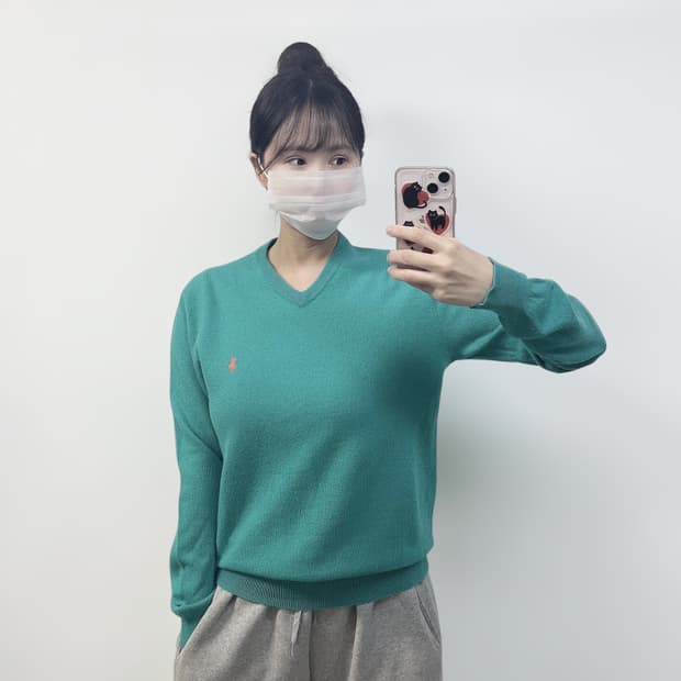 폴로 랄프로렌 포니 로고 램스울 브이넥 니트 민트