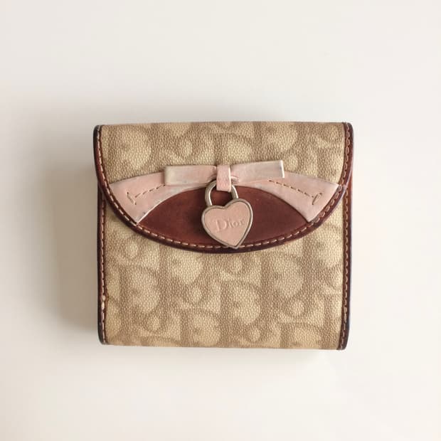 빈티지 크리스찬디올 로맨틱라인 오블리크 하트 핑크 베이지 반지갑
