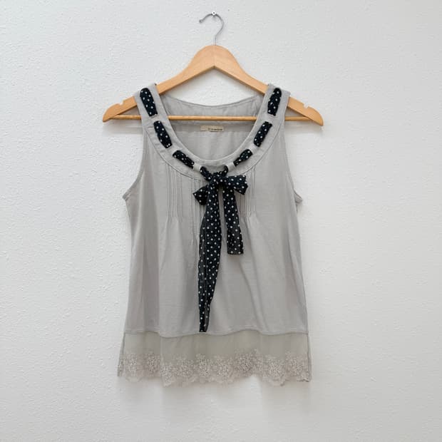 빈티지 Olive des Olive 그레이 도트 리본 슬리브리스