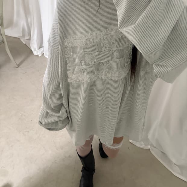 사화룸 패치 후드 롱슬리브 그레이 & 핑크