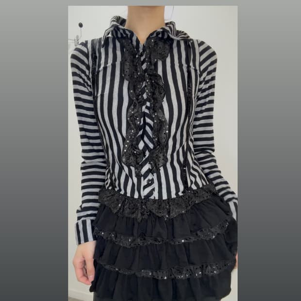 FAZBEE 갸루 로리타 스트라이프 프릴 레이어드 티셔츠