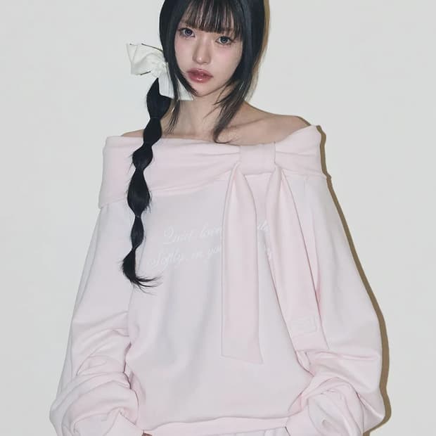 일리고 퓨어 보우 오프숄더 맨투맨 리본 후드 핑크 