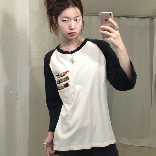 카라쿠리타마시이 오리엔탈 잉어 자수 나그랑 7부 티셔츠