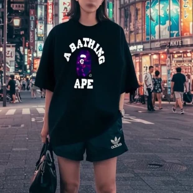 베이프 카모 컬리지 티셔츠 블랙 퍼플 S