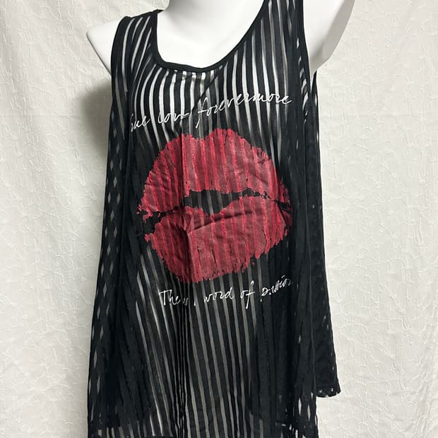 빈티지 갸루 펑크 스트라이프 시스루 슬리브리스 탑