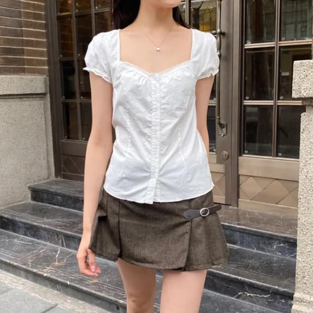 브랜디멜빌 반팔 퍼프 레이스 반팔 블라우스