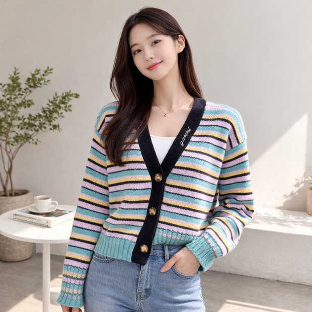 가니 스트라이프 니트 가디건