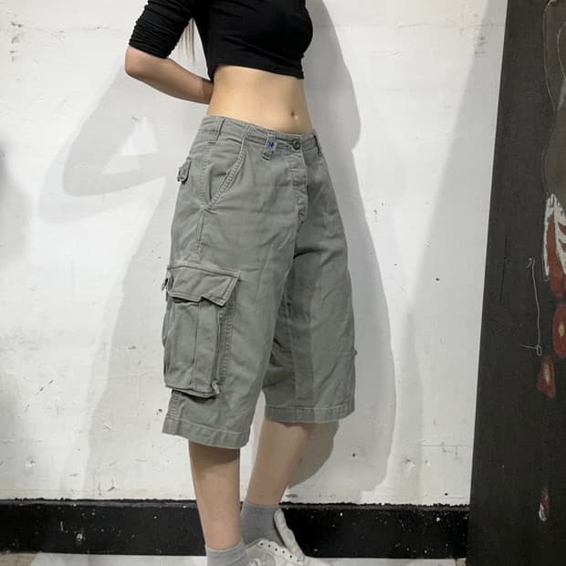 리 카키 와이드 카고 반바지 하프 버뮤다 팬츠 