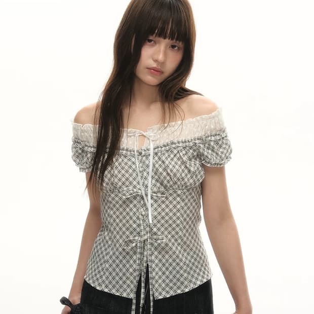 Lolol 체크 캡슬리브 오프숄더 탑 m