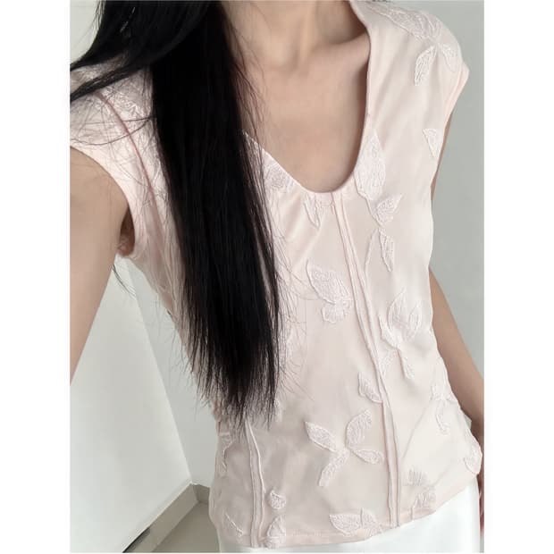 피치 퓨어 나뭇잎 자수 페어리 탑
