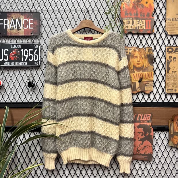 90s JPN VINTAGE 스트라이프 패턴 니트 그레이 아이보리 배색