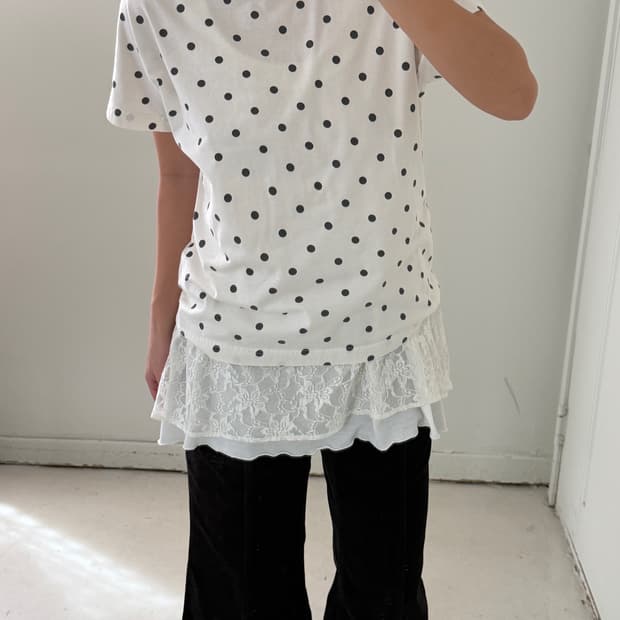 일본빈티지 코튼 도트 반팔티