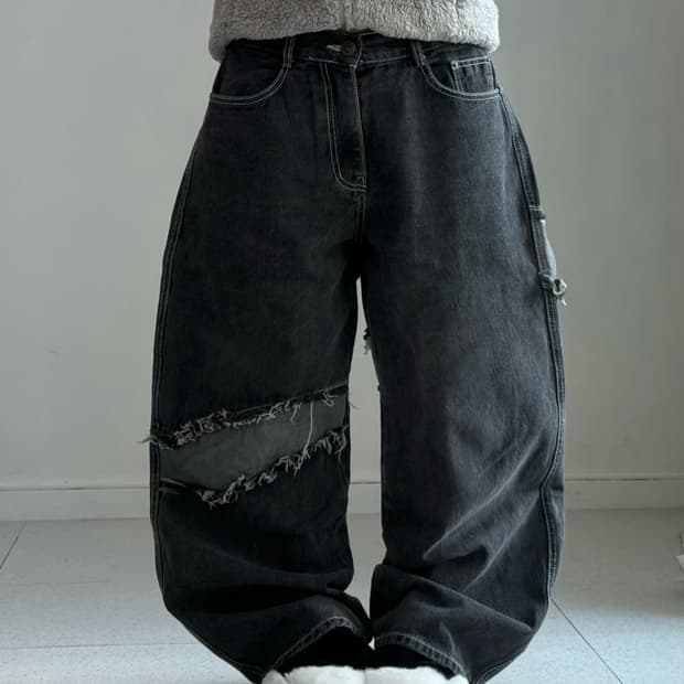 빈티지 패치 흑청 데님 팬츠