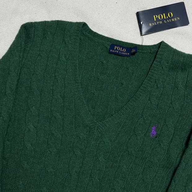 XS 폴로 랄프로렌 캐시미어 혼방 여성 케이블 브이넥 니트