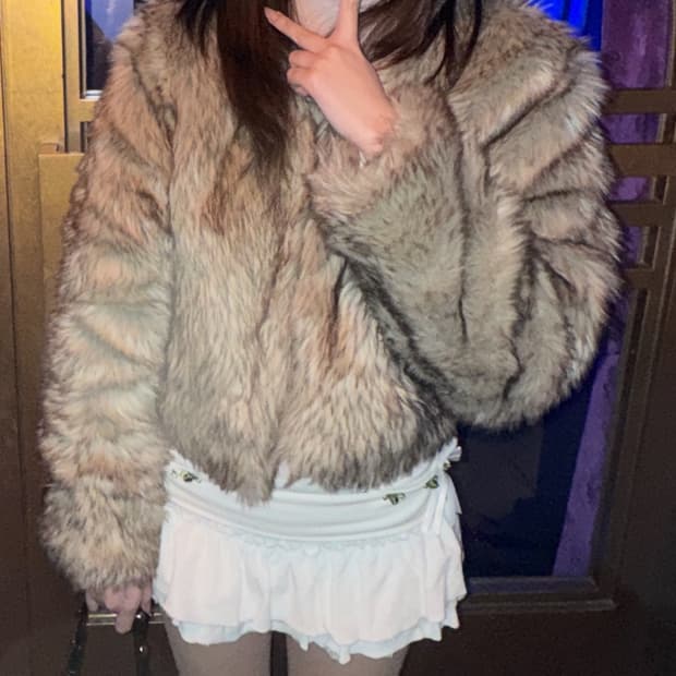 블랙업 퍼자켓 빈티지 상하이 시부야 갸루 세미 크롭 퍼자켓