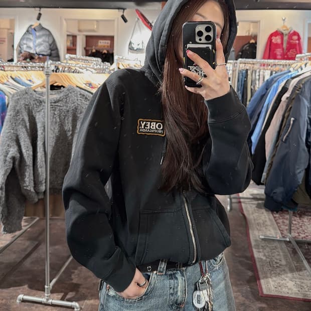 오베이 obey 로고자수 기모 후드집업 S