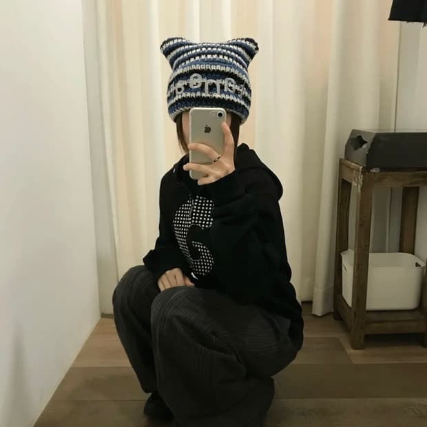 탄산마그네슘 로고 캣 비니 블루 스트라이프