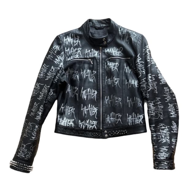 knall3r  로고 낙서 메탈스터드 락스피릿 크롭  레더 자켓