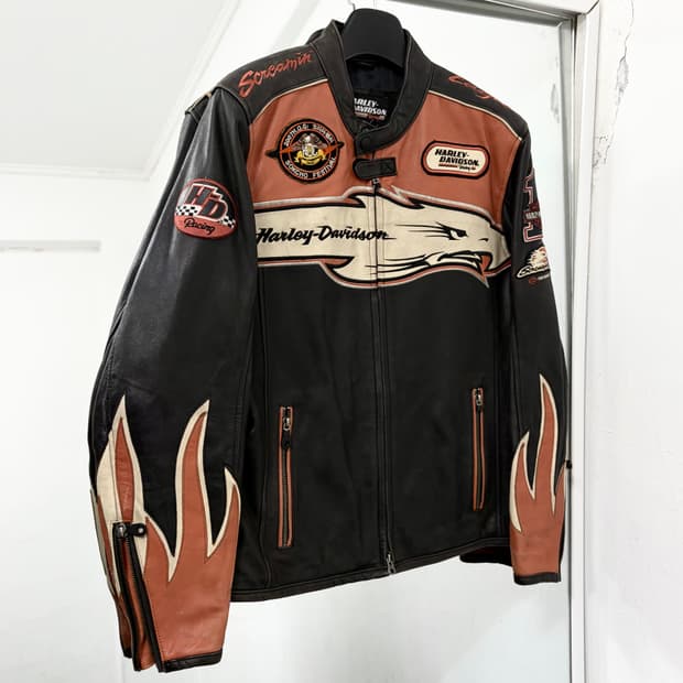 할리데이비슨 소가죽 플레임 레이싱 자켓