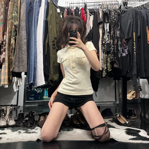 포켓 단추 포인트 슬림핏 반팔
