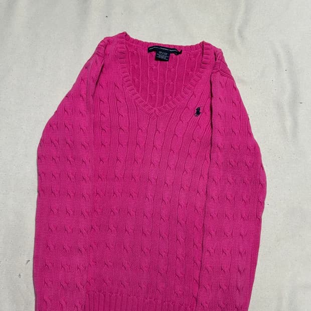 M 폴로랄프로렌 여성용 핑크 브이넥 케이블 니트