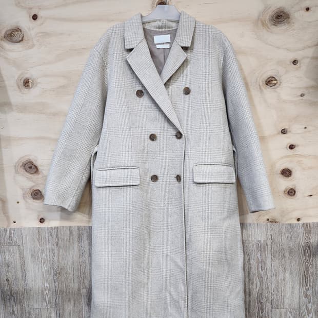 1076) D.AMBER 울90 체크 더블 롱코트 아이보리