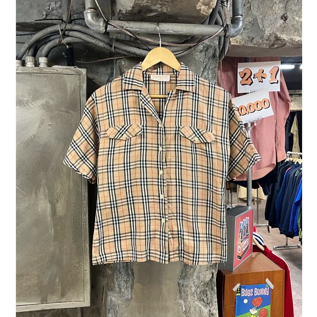 버버리 포켓 체크 반팔 셔츠 S #csz3237