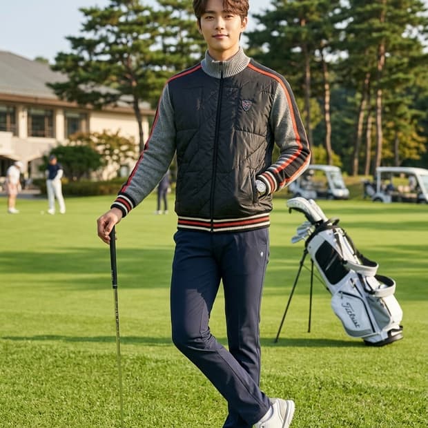 헤지스골프 앞면 퀼팅 패딩 배색 니트 집업