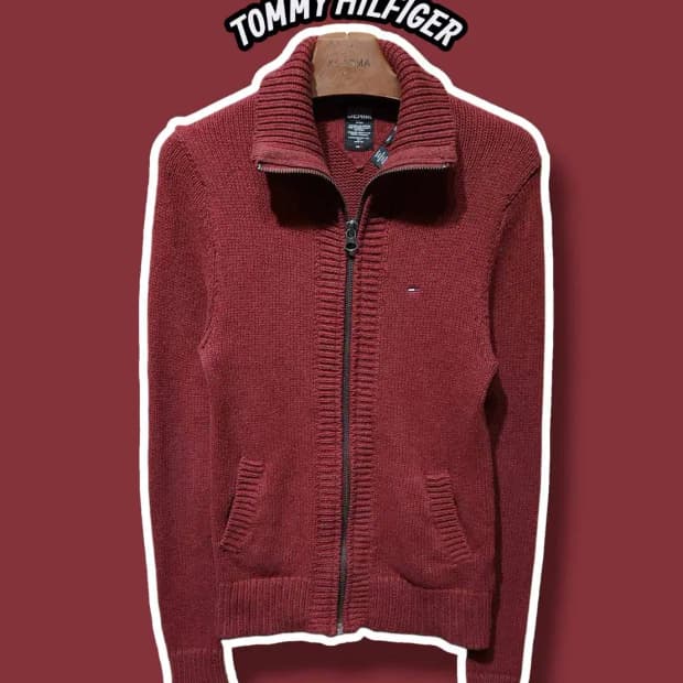 S/ 타미힐피거 데님 집업 니트 가디건 레드 /0123